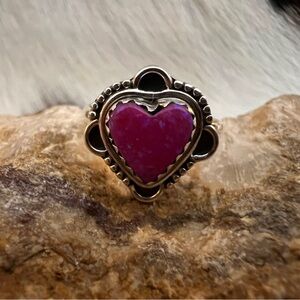 ❤️ Hot Pink Aurora Opal Heart Shape Navajo  Southwestern Artisan Ring  Size 6.75
